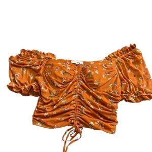 June & Hudson Orange Floral Ruched Blouse like new